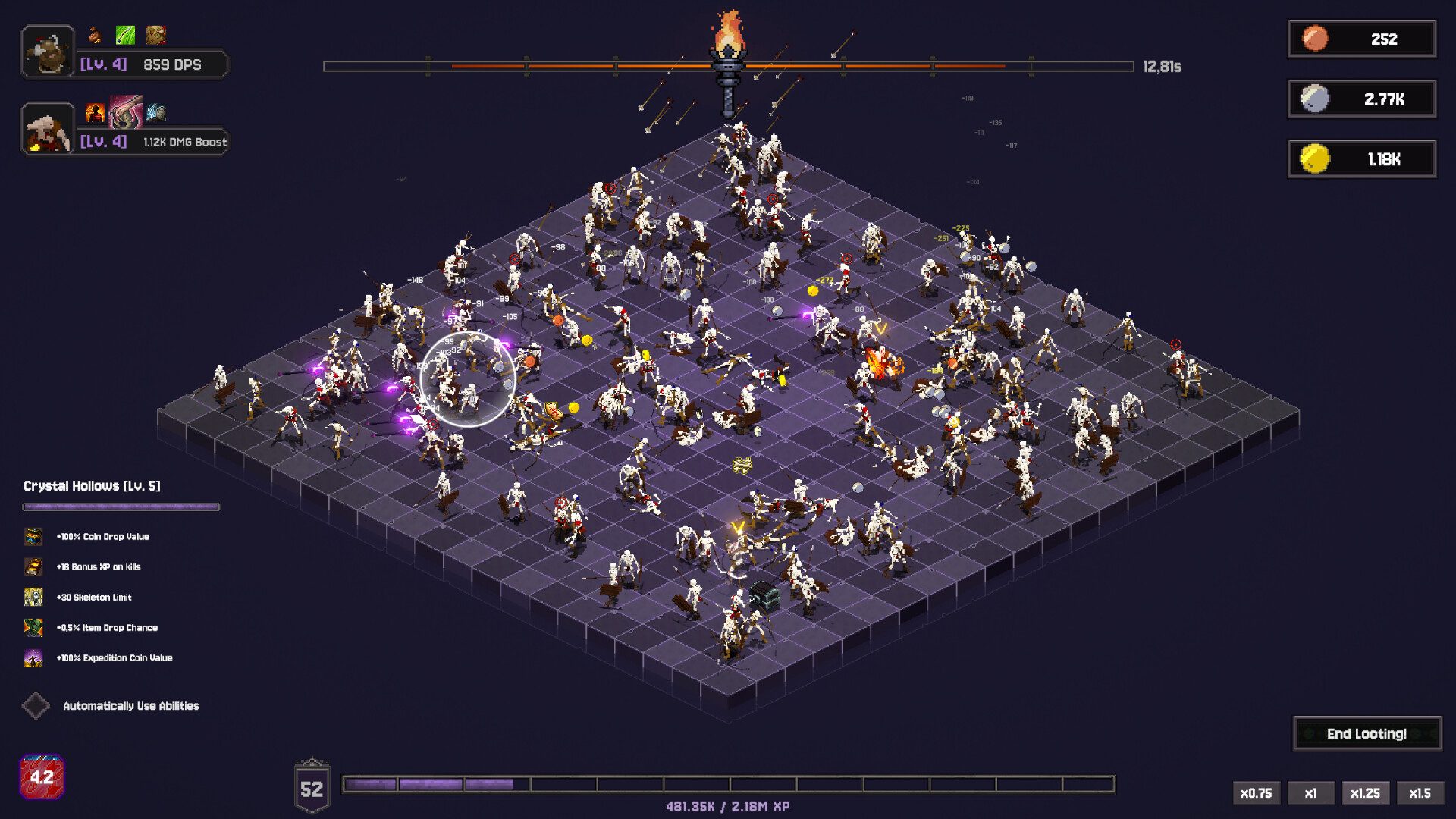 Official Steam screenshot of Crystal Hollows combat with skeletons and party portraits