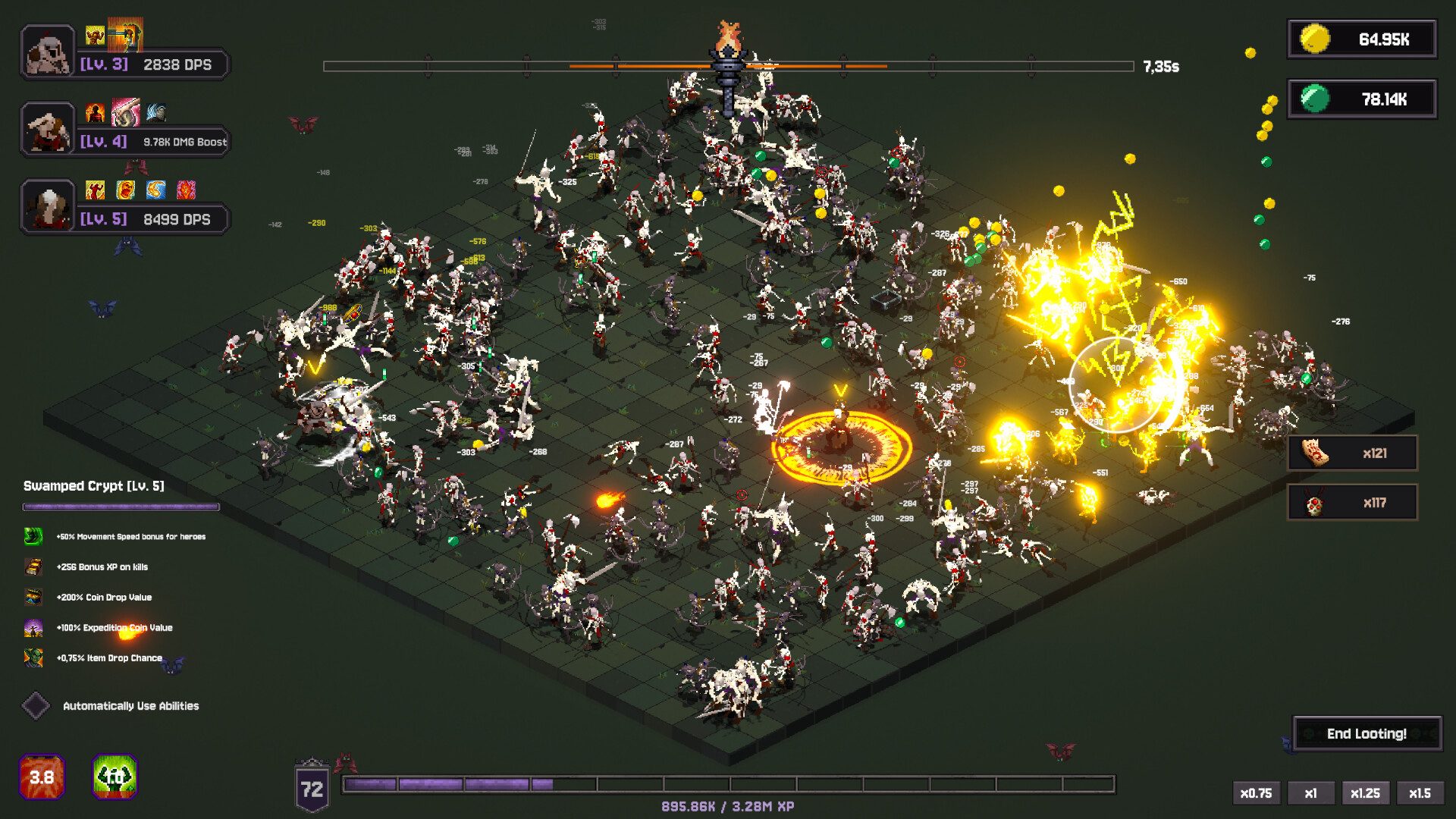 Official Steam screenshot of Swamped Crypt combat with gold loot bursts