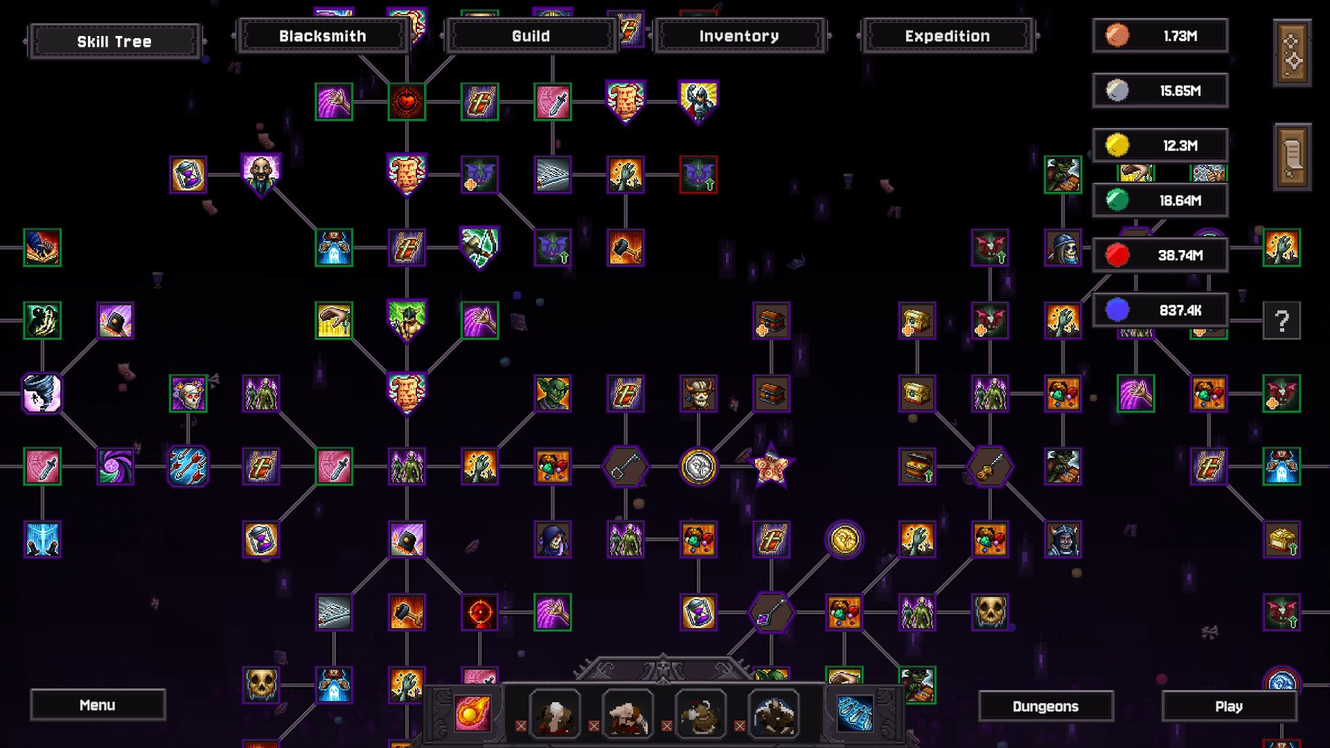 Official Steam screenshot of the Bones and Coins Skill Tree / Build screen