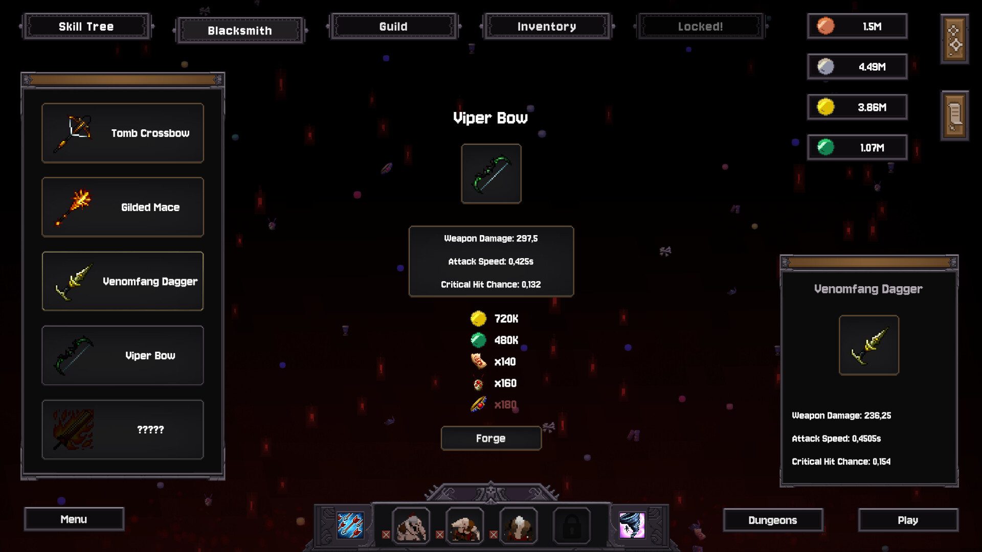 Official Steam screenshot of the Blacksmith weapon list showing Viper Bow stats