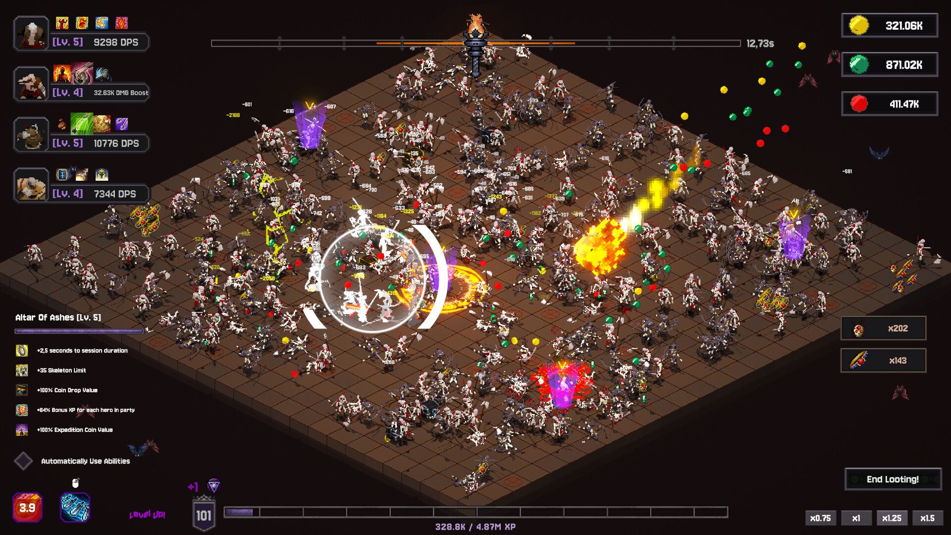 Official Steam screenshot of a crowded dungeon room with coins and ability effects