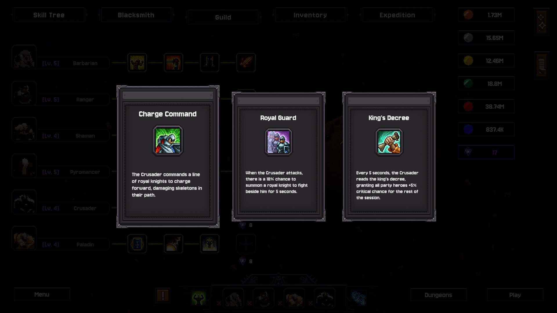 Official Steam screenshot of Crusader ability cards Charge Command, Royal Guard, and Kings Decree