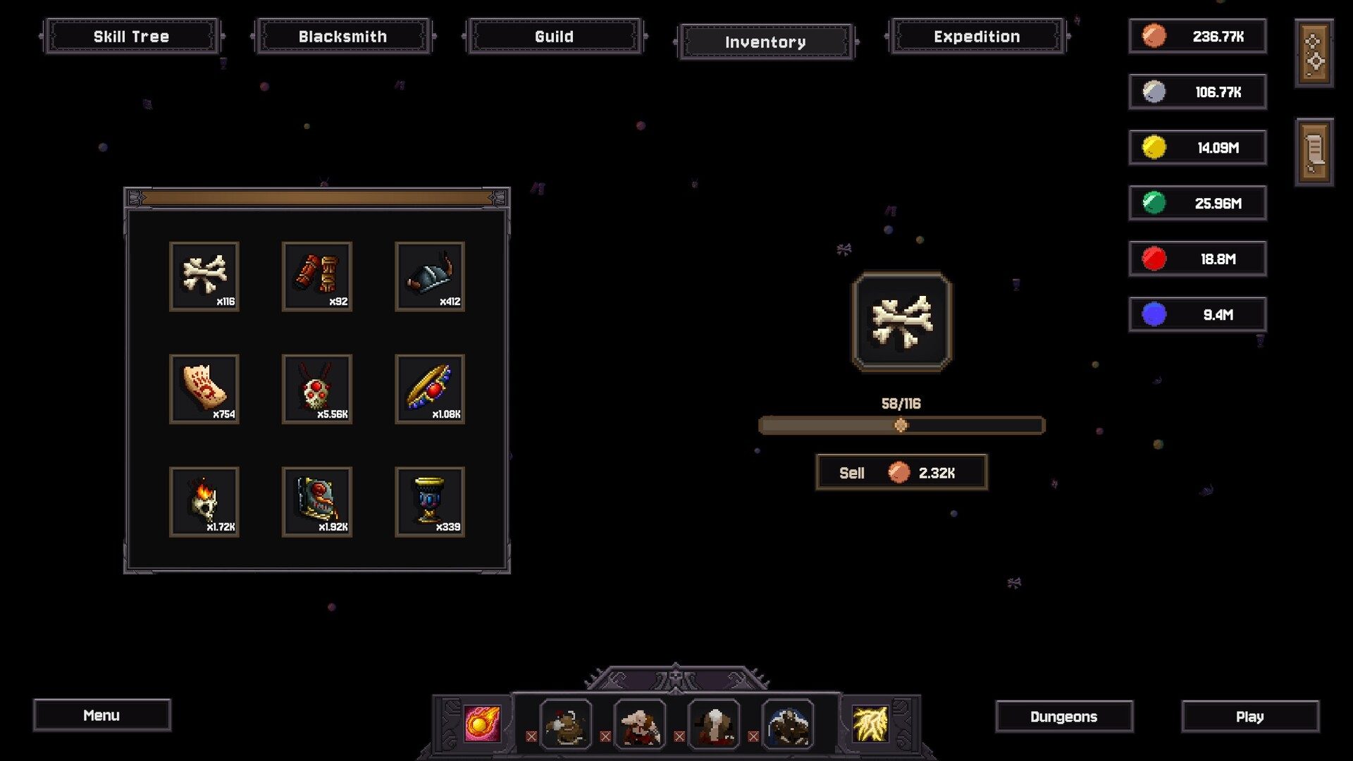 Official Steam screenshot of the Inventory grid with sell multiplier